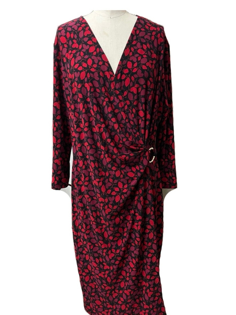 Anne Klein Red and Black Leaf-Print Long Sleeve Wrap Dress
